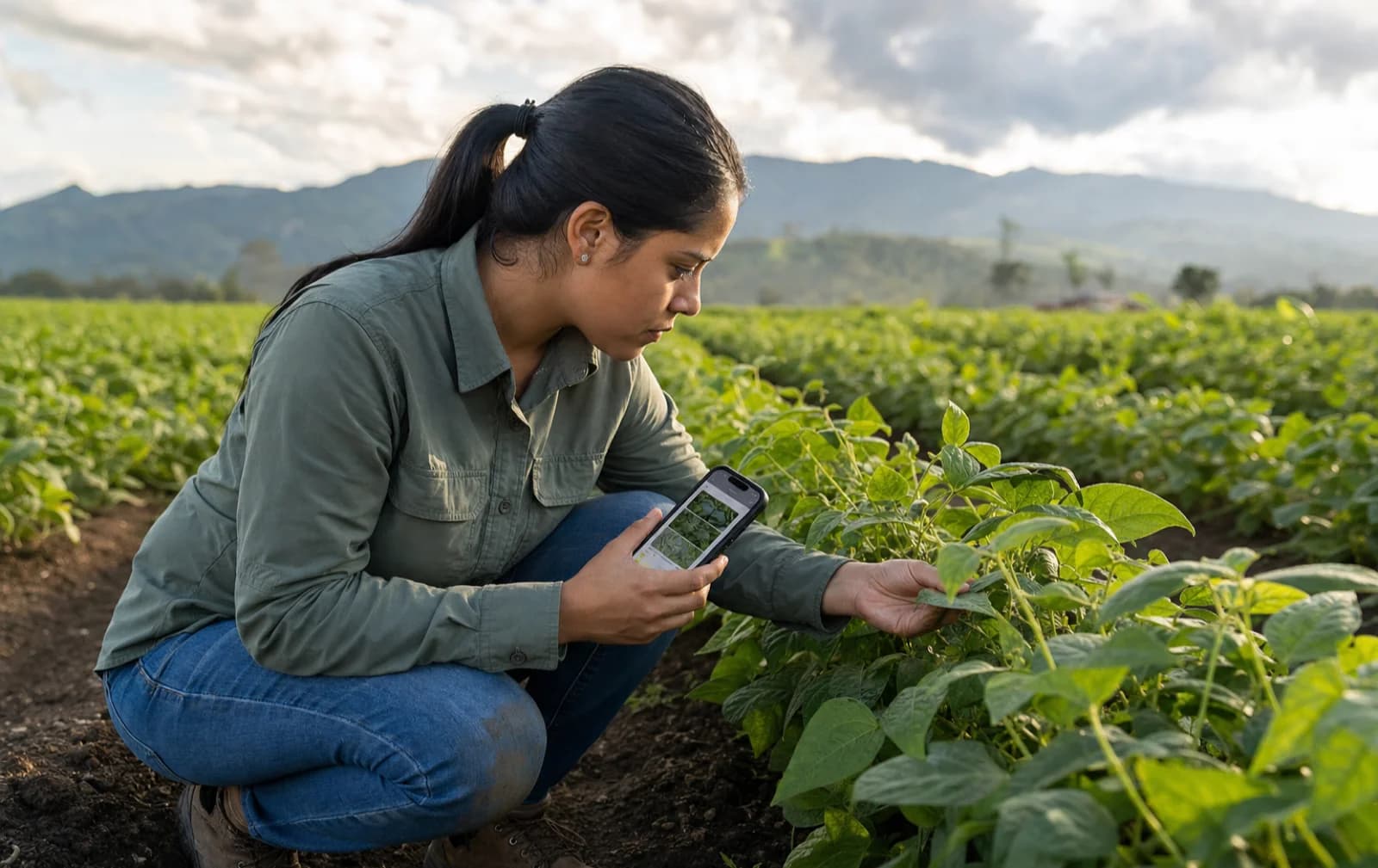 Agronomist recording crop conditions with a mobile field app