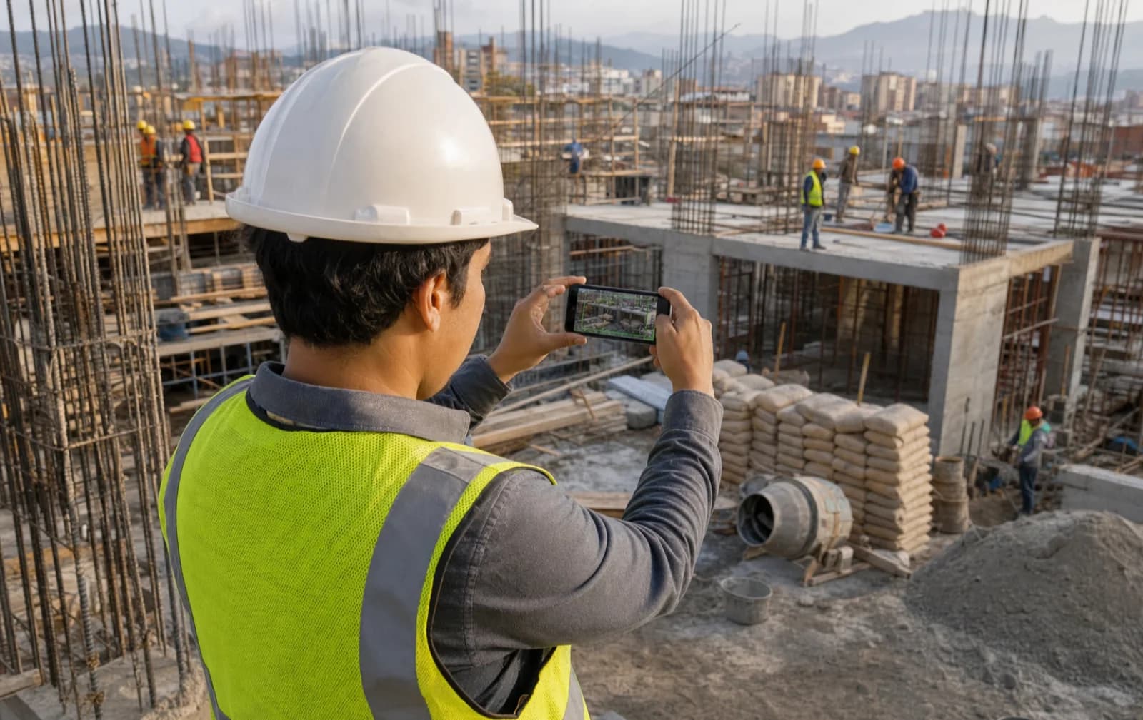 Field researcher photographing an active construction project with a mobile field app