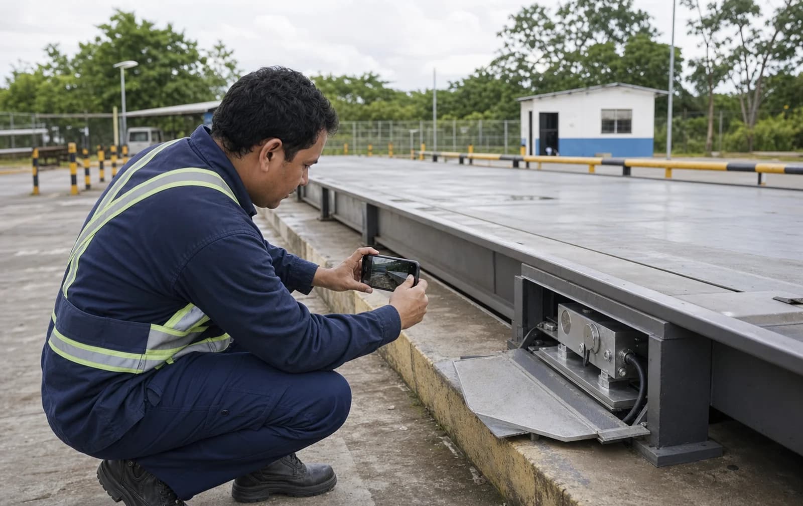 Technician photographing an inspected industrial weighbridge with a mobile field app