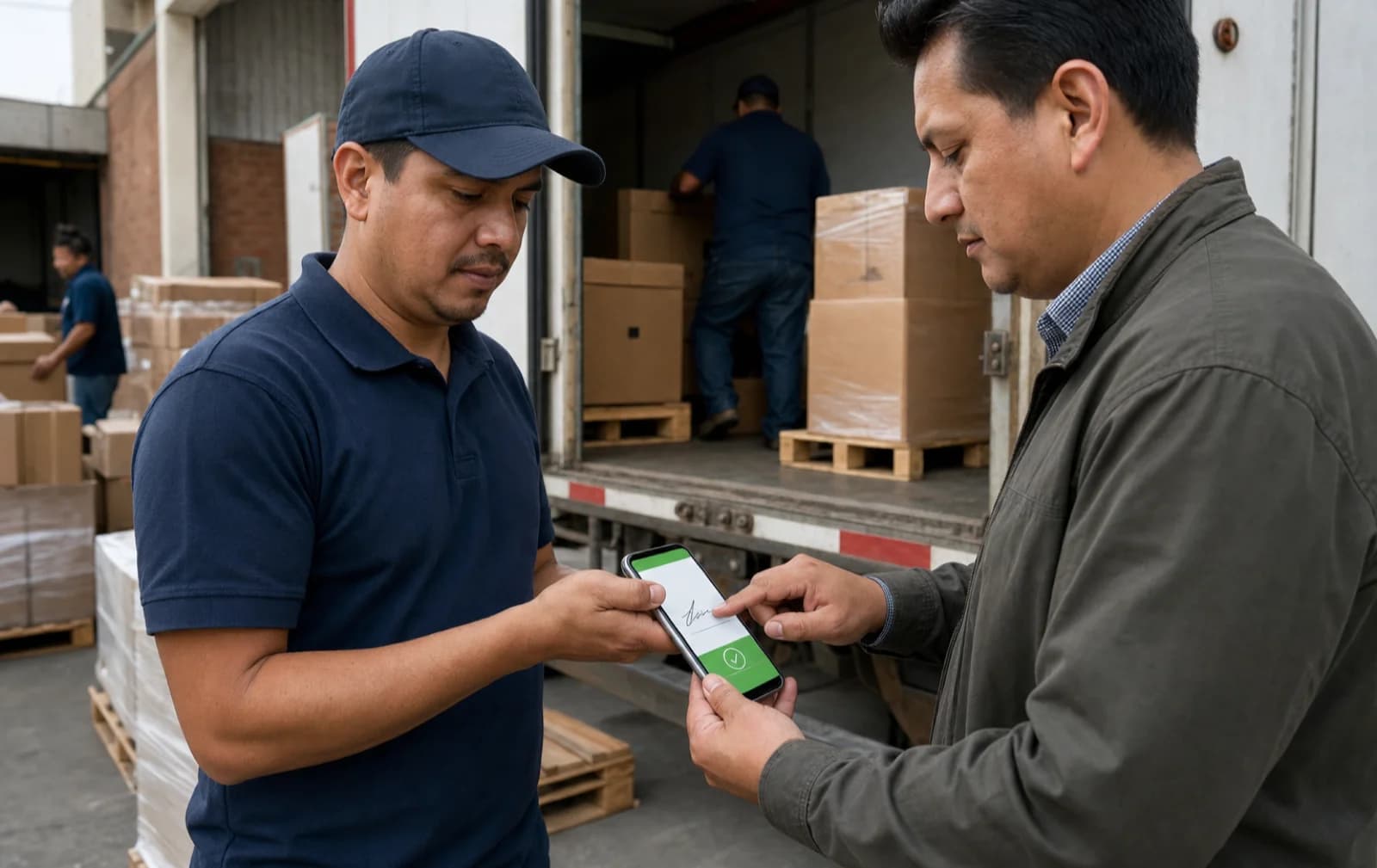 Delivery driver and recipient confirming a delivery with a digital signature on a phone