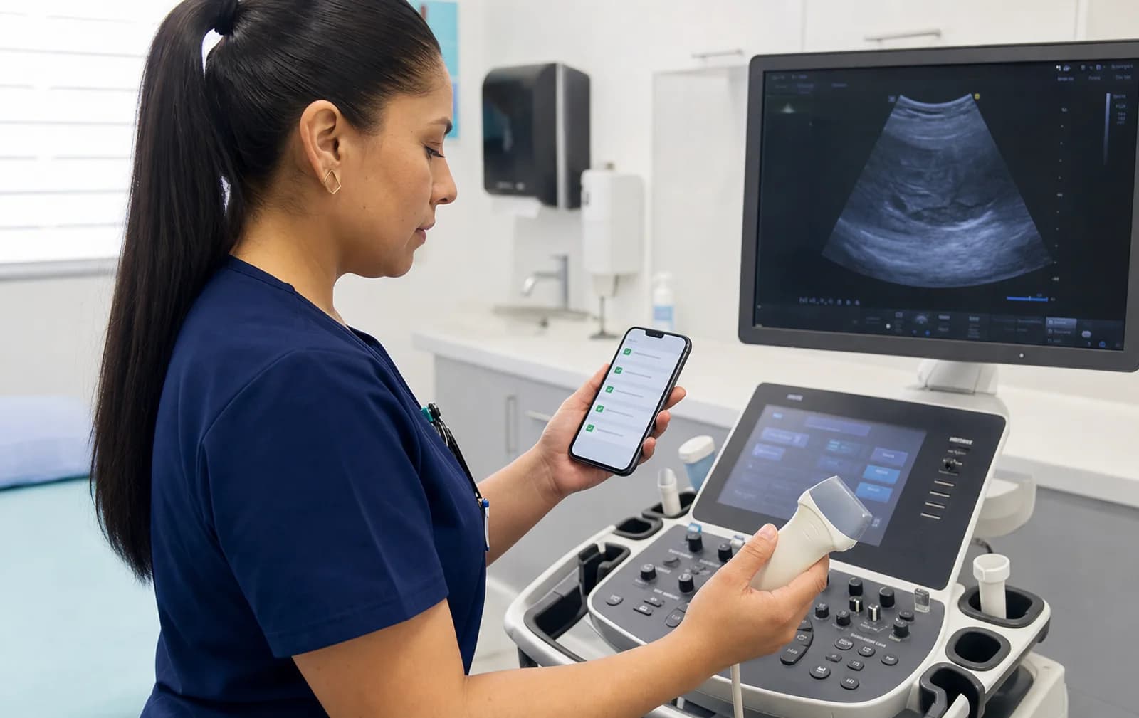 Medical-equipment specialist completing an ultrasound inspection checklist in a mobile field app