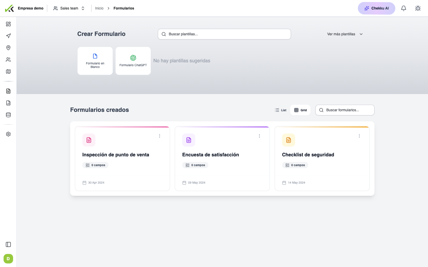 Área de Formularios en la app web de Chekku