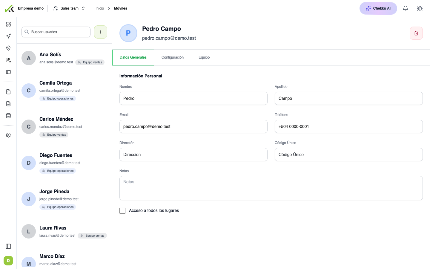 Lista de usuarios móviles en la web de Chekku