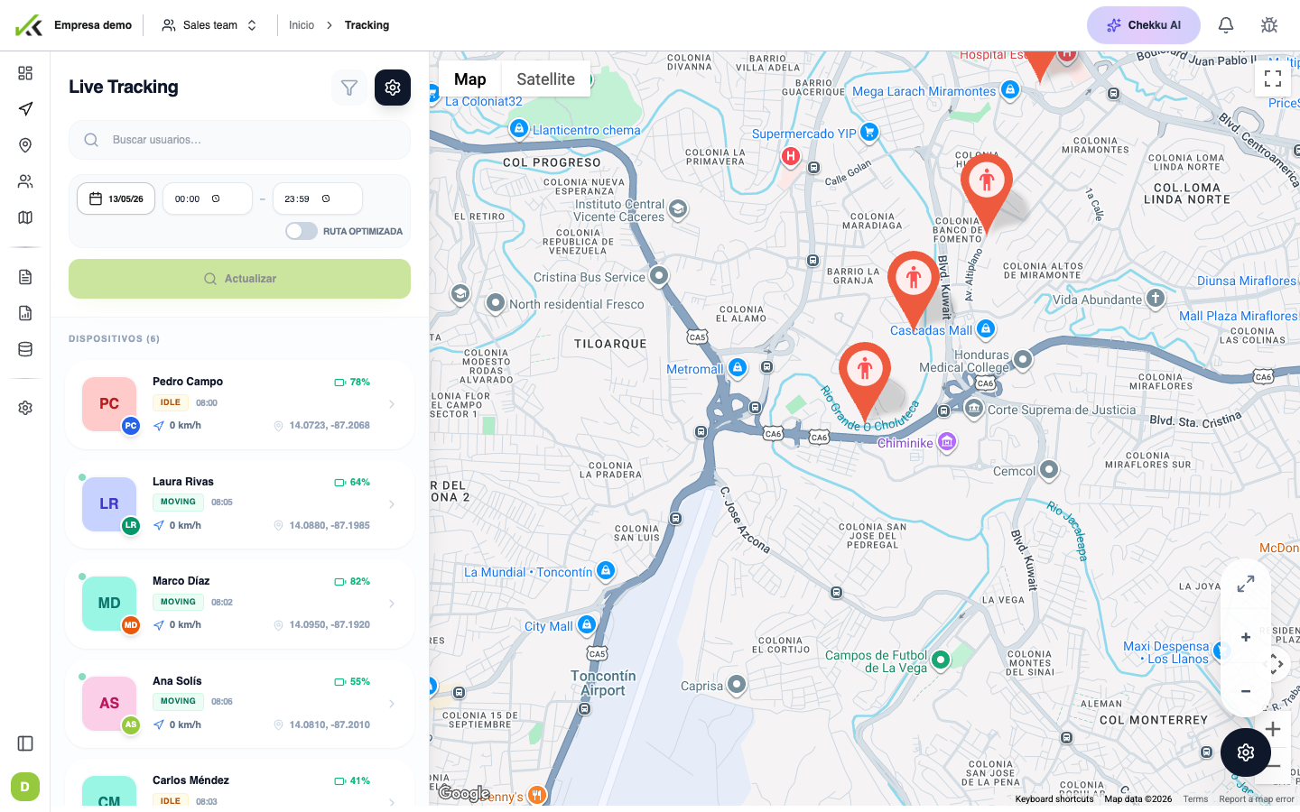Mapa de tracking GPS en Chekku